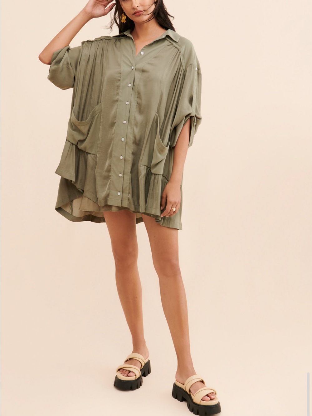 Free People Moonstruck Shirtdress with slip NWT XS Moss green